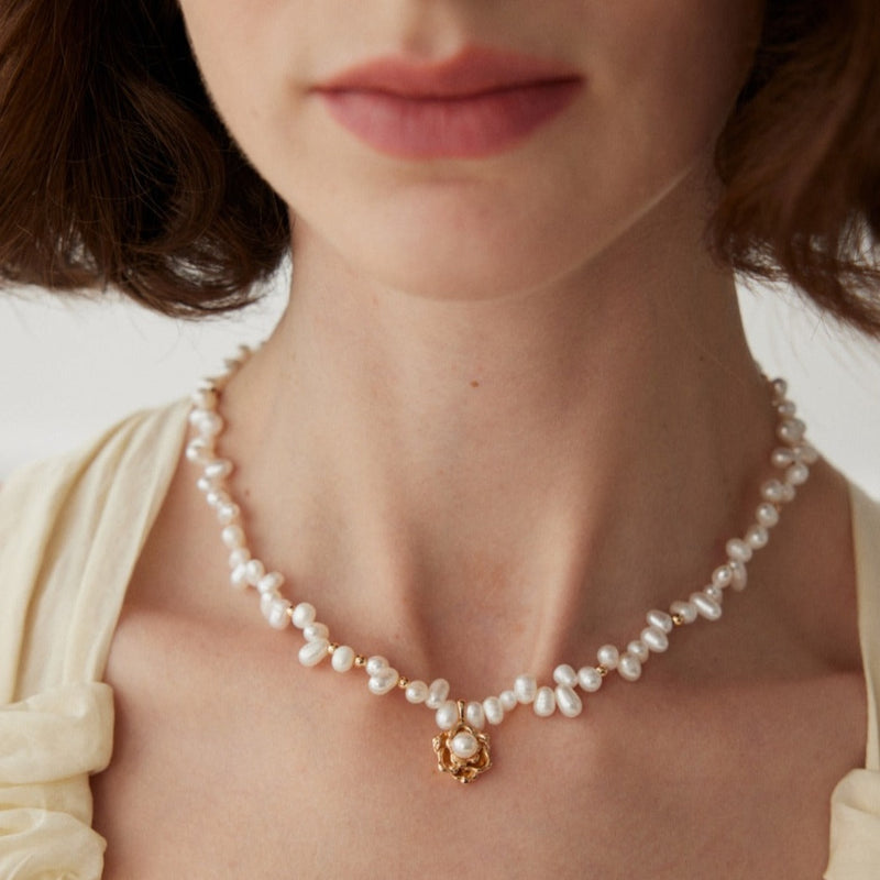 Camellia Pearl Necklace, Pearl Bead Necklace | EWOOXY