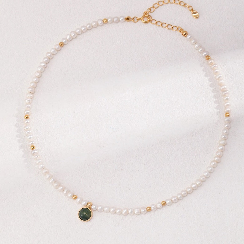 Birthstone Necklace with Aquatic Agate, Pearl Necklace | EWOOXY