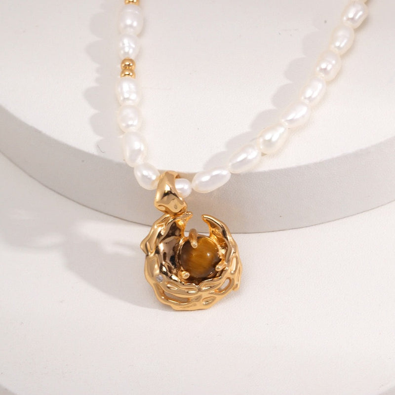 Tiger's Eye Birthstone Necklace Using June Birthstone with Real Pearl | EWOOXY