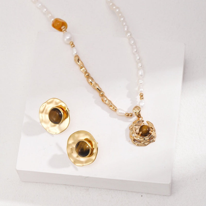 Tiger's Eye Birthstone Necklace Using June Birthstone with Real Pearl | EWOOXY