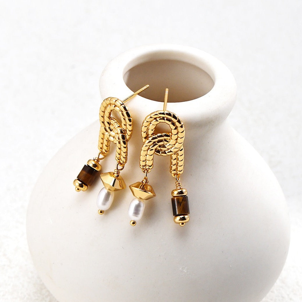 Pearl Earrings, Birthstone Earrings with Tiger Eye Stone Meaning | EWOOXY